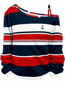 EMERY ROSE Women's Casual Colorblock Striped Nautical Logo Print Long Sleeve T-Shirt, Suitable For Teacher's Day And Back To School Season Fall - Multicolor - View 1