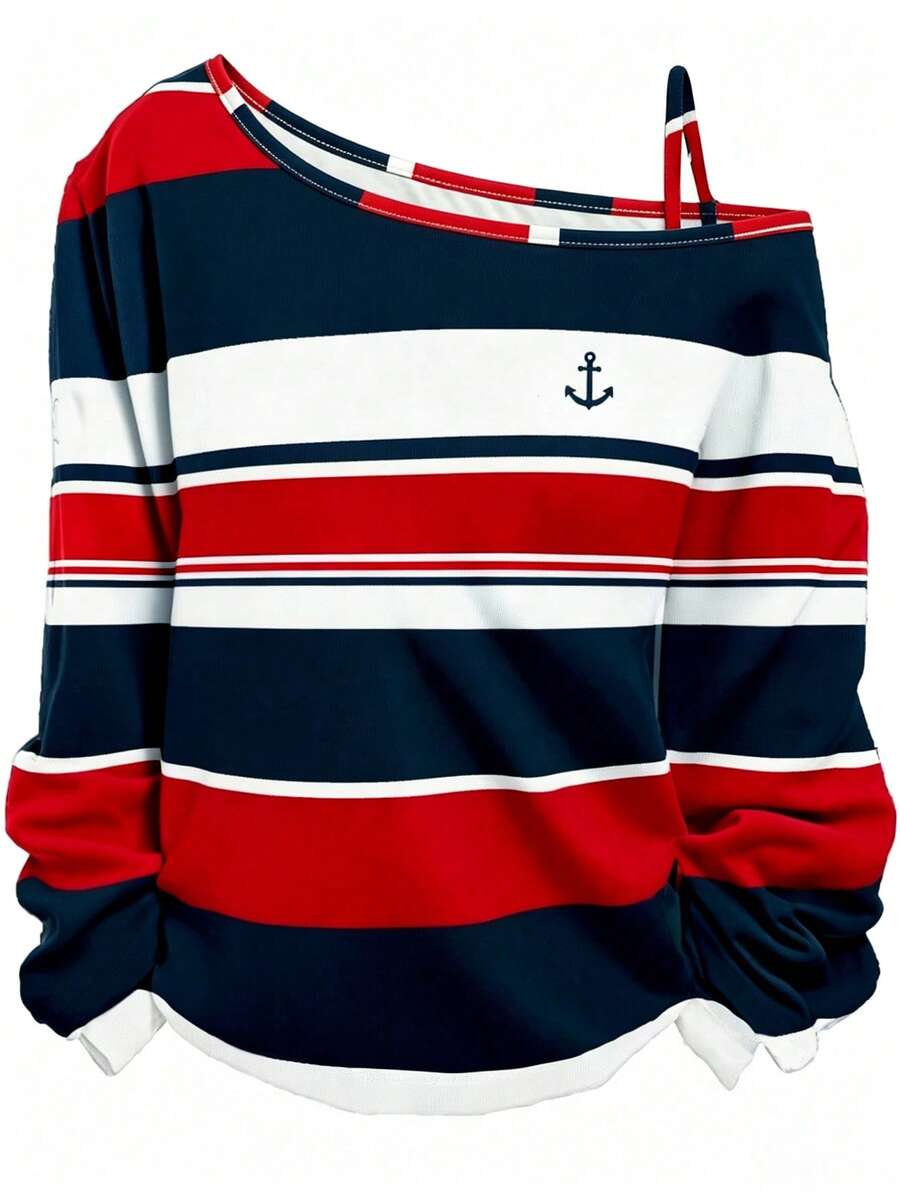 EMERY ROSE Women's Casual Colorblock Striped Nautical Logo Print Long Sleeve T-Shirt, Suitable For Teacher's Day And Back To School Season Fall - Multicolor - View 1