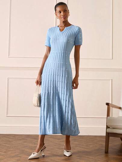 Lilora Gaun Sweater Lengan Pendek Rajut Jacquard Elegan untuk Wanita