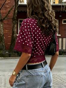 Glyssa Women's Casual Short Sleeve Round Neck Slim Fit Lace Trim Going Out Holiday Beach Commute Elegant White Polka Dot T-Shirt Summer - Burgundy - View 2