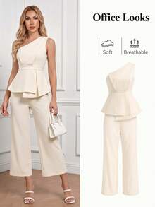 Ellevyn Women's Elegant Solid Color One Shoulder Cinching Waist Sleeveless Top And Long Pants Set, Summer - Apricot - View 1