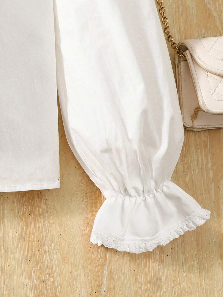 SHEIN Kemeja Anak Perempuan Kasual Lucu untuk Perjalanan Sekolah, Kemeja Putih dengan Pita yang Dapat Dilepas, Cocok untuk Pakaian Sehari-hari dan Sekolah di Musim Gugur: Blus Putih Lengan Panjang dengan Pita, Kemeja Kancing Putih, dan Kemeja Kerah Peter Pan - Putih - View 5