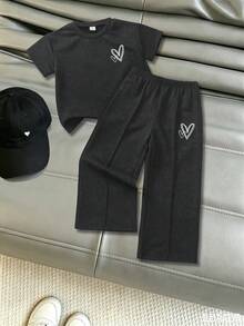 Elladie kids 女童水洗炭黑色愛心圖案中袖運動衫運動褲兩件套，日常穿著，夏季，幼兒園，7歲生日，公主風 - 灰色 - 查看 4