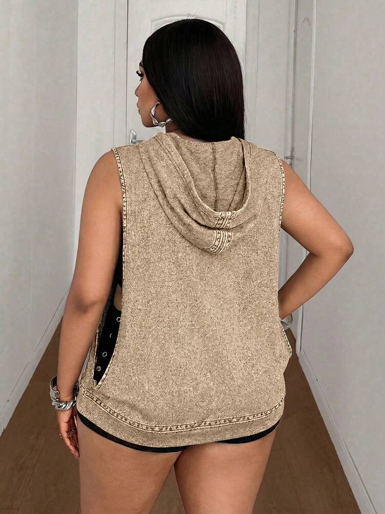 Maweii Plus Size Women's Summer Sleeveless Hooded Drawstring Sweatshirt, Casual Streetwear, Sports - Khaki - View 3