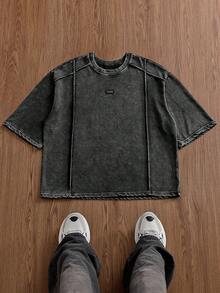 Manfinity RebelGame Men's Summer Casual Loose Fit Plus Size Plain Dark Grey T-Shirt With Snow Wash Effect Holiday - Black - View 3