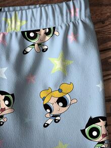 THE POWERPUFF GIRLS X SHEIN 少女卡通圖案圓領短袖T恤與休閒短褲套裝 - 白色 - 查看 4