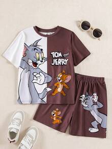 TOM & JERRY X SHEIN 男童撞色卡通印花圆领短袖T恤和短裤休闲套装 - 彩色 - 查看 1