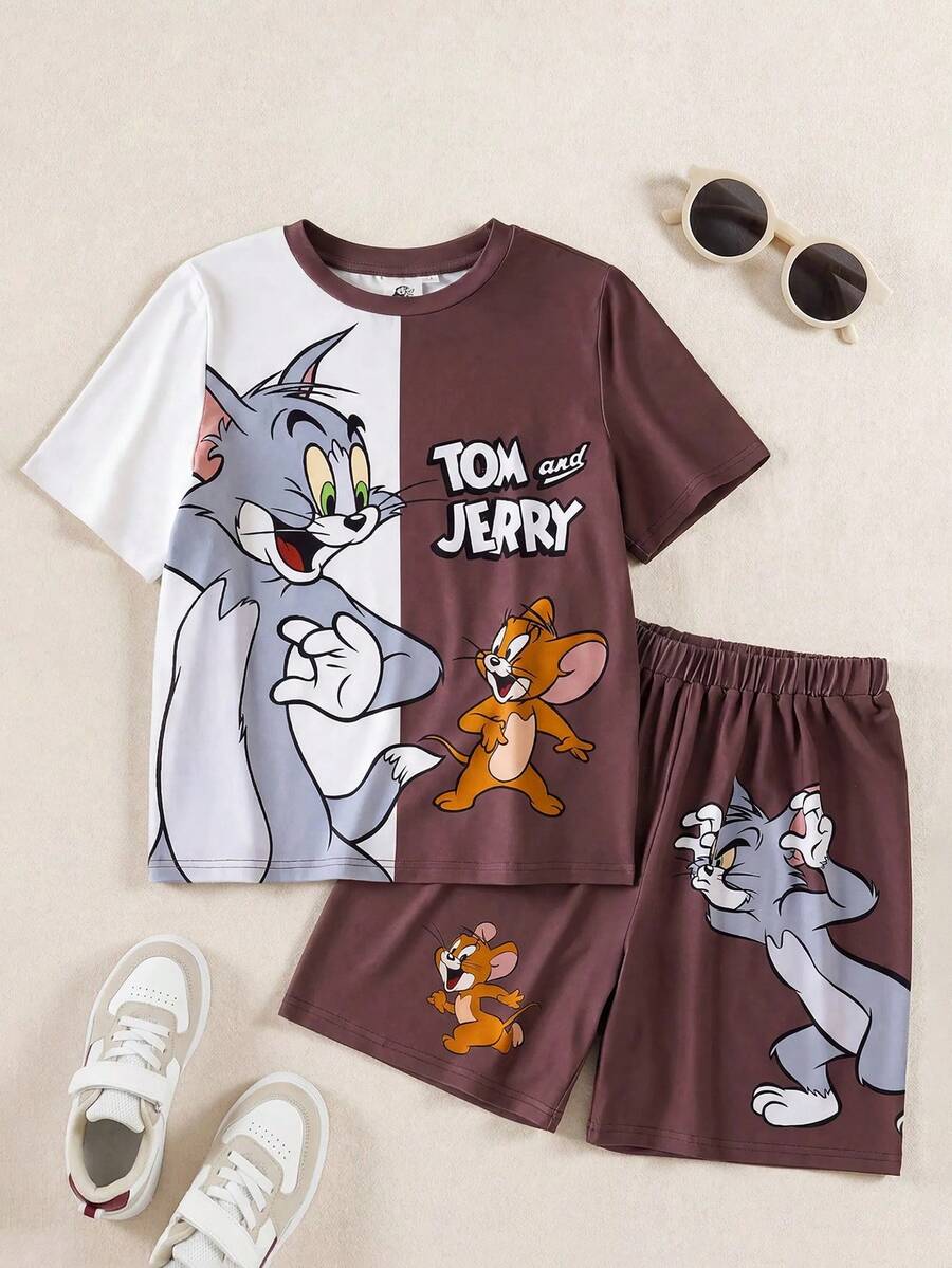 TOM & JERRY X SHEIN 男童撞色卡通印花圆领短袖T恤和短裤休闲套装 - 彩色 - 查看 1