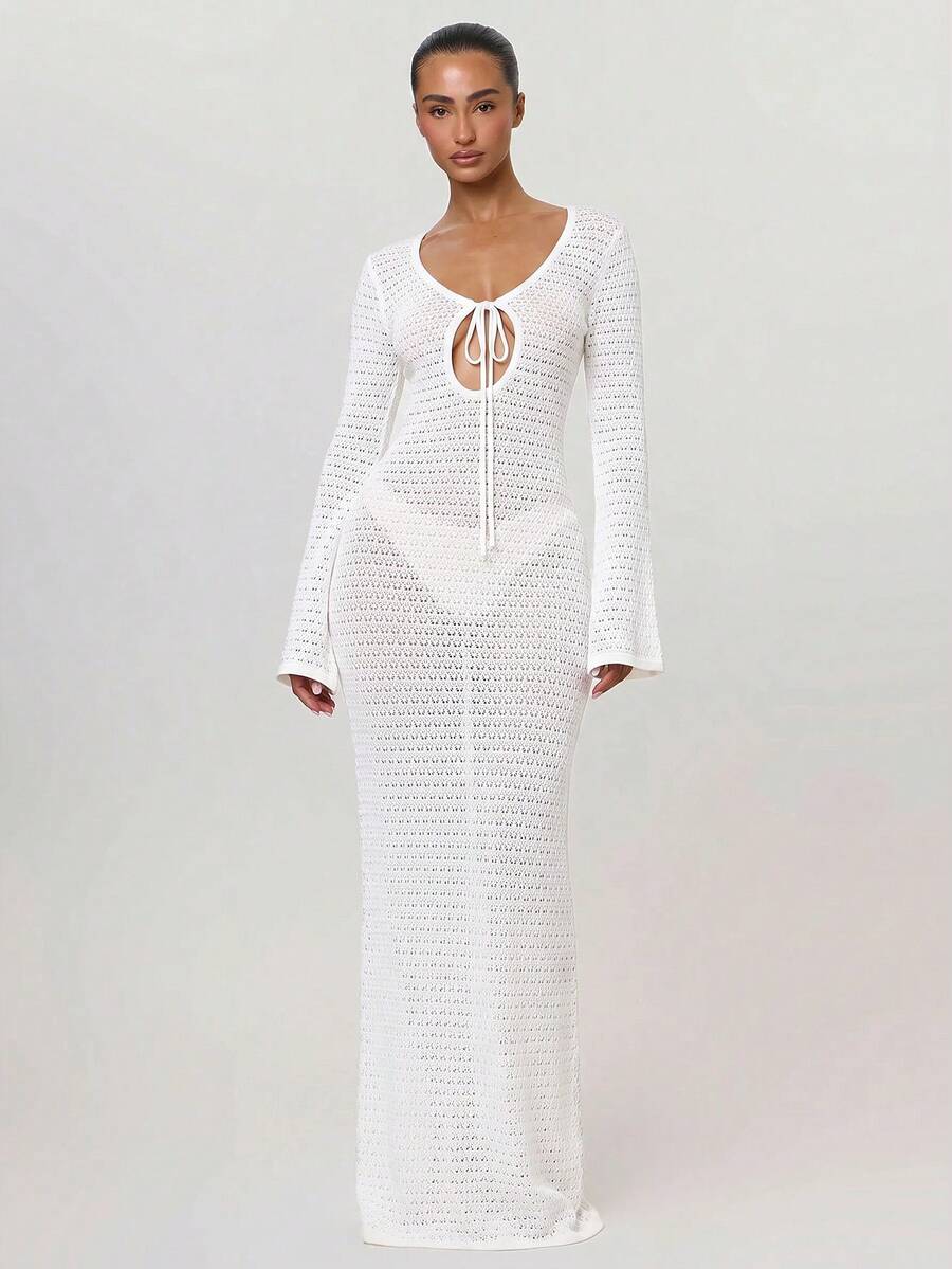 Musera Resort Crochet Knit Long Sleeve Beach Maxi Dress Beachwear Cute ...