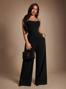 Radiana Women's Solid Color Pocket Elegant Wide Leg Jumpsuit - Black - View 3