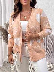 Elenzga Plus Size Women's Heart Pattern Single-Breasted Casual Daily Cardigan - Dusty Pink - View 7