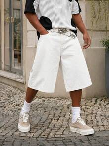 Manfinity EZcore Vintage Streetwear Casual Loose Straight Leg Denim Shorts With Rivet Pocket Embroidery Design, Versatile For Daily Wear, Plus Size, Summer - White - View 3