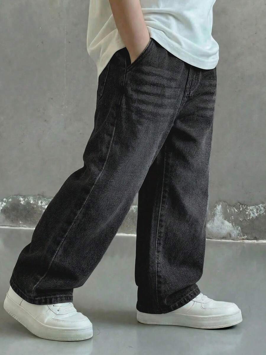 兒童青少年男孩寬腿寬鬆休閒牛仔褲,附口袋 - 黑色 - 查看 1