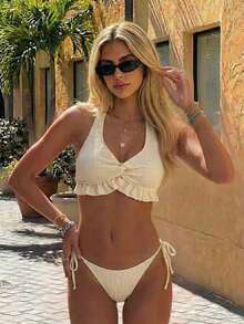 SHEIN Swim Set Bikini Halter Berkerut Depan Model Twist-Front untuk Liburan Pantai Musim Panas Wanita - Aprikot - View 9