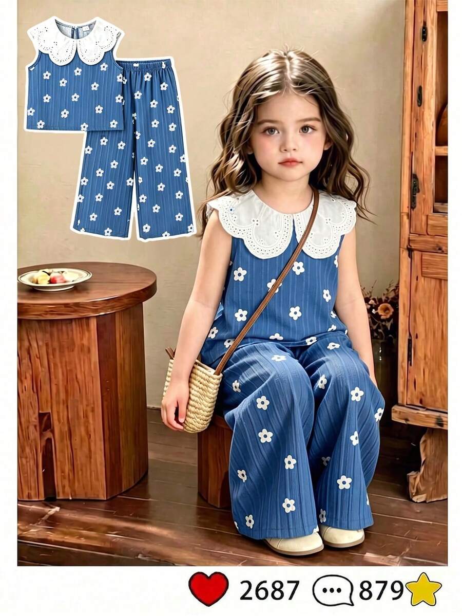 SHEIN Vintaside Kids 女童清新藍色底白色花卉印花配白色精緻鏤空刺繡蕾絲彼得潘領兩件套,適合日常通勤、休閒、度假、派對、返校 - 藍色 - 查看 1