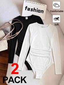 SHEIN Bodysuit & Jumpsuit Anak Perempuan Remaja Perempuan Remaja Perempuan Remaja Perempuan 2pcs Set Jumpsuit Rajut Leher Bulat Lengan Panjang - Hitam dan Putih - View 3