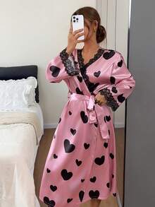 Napfluff Jubah Lengan Panjang Berenda Motif Hati dengan Ikat Pinggang - Coral Pink - View 4