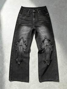 Manfinity Denimwave 男士街頭風哥德式十字印花黑白對比牛仔喇叭褲 - 黑色 - 查看 4