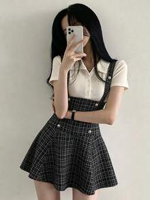 FRIFUL Women's Plaid Casual 70s 70's Inspired Preppy Versatile Daily Wear Suspenders Mini Skirt Date School Black Plaid Autumn Cute Tops - Black and White - View 2