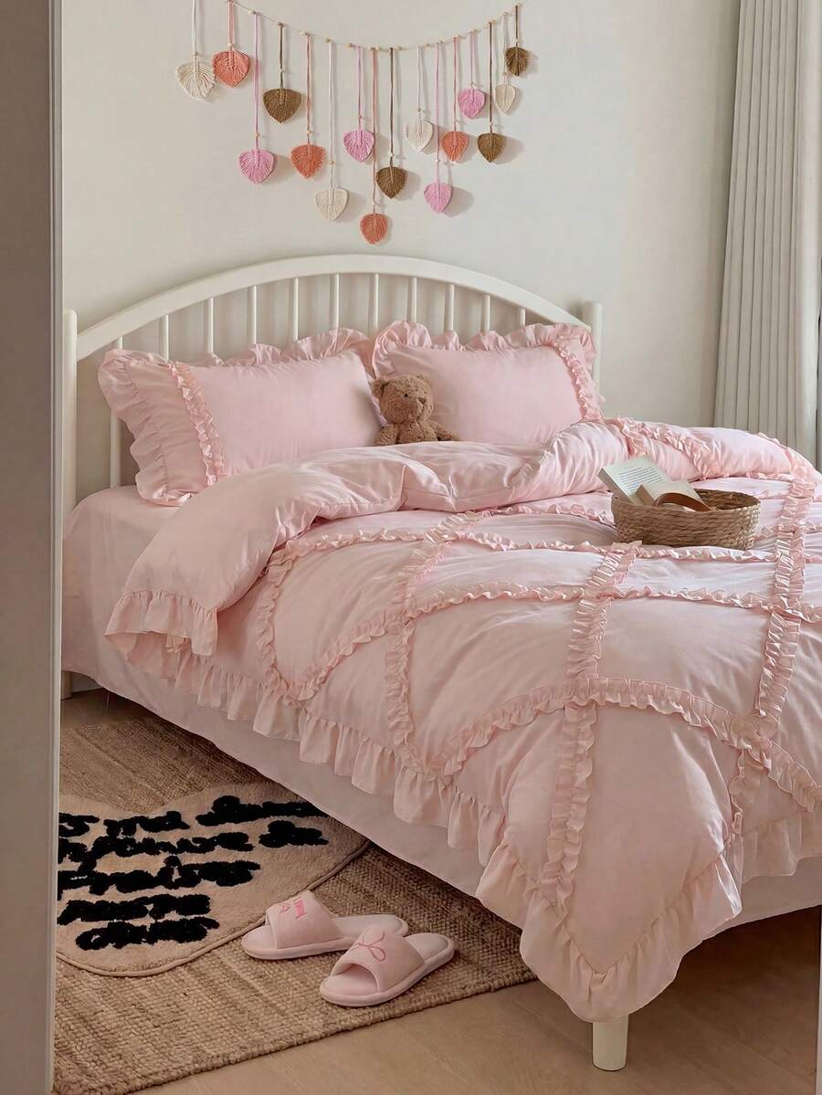 3pcs Korean Style Ruffled Bedding Set, White & Pink Duvet Cover Queen Size - Super Soft Duvet Cover Series - Lightweight, Breathable Bedding (Queen, White) - Baby Pink - View 1