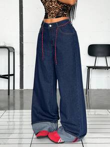 Jeanoix Women's Ultra Low Waist Wide Leg Jeans With Extra Wide Cuffs - Blue - View 5