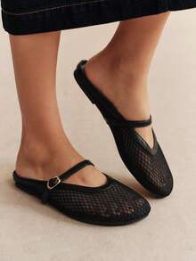 Rosivie 女款網布透氣穆勒鞋 扣帶平底休閒鞋 適合日常通勤約會購物度假 百搭拖鞋 - 純黑 - 查看 1