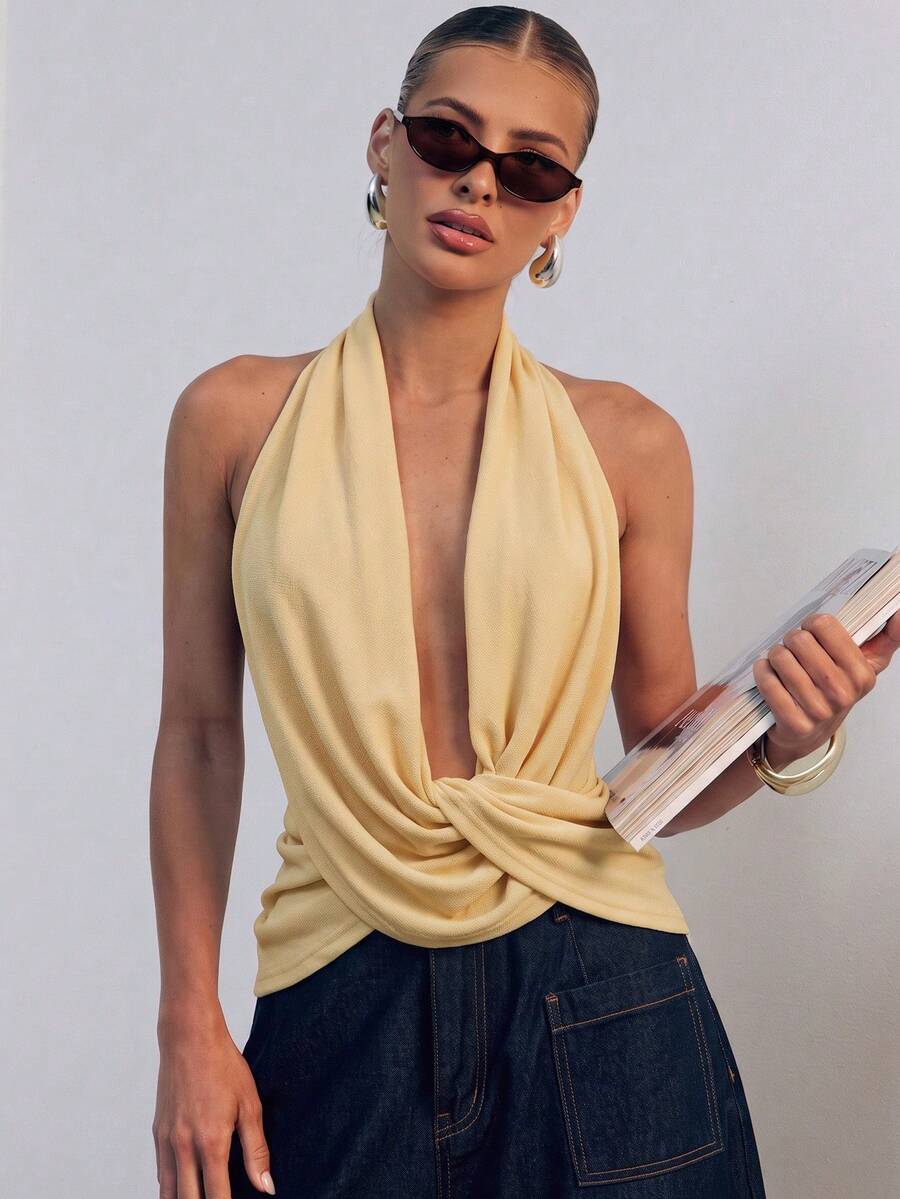 Hauture Asymmetrical Design Deep V-Neck Twisted Halter Top - Yellow - View 1