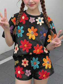 Conjunto de 2 piezas para niña preadolescente, camiseta de manga corta con cuello redondo y shorts holgados, estilo casual y lindo, con textura y estampado floral menudo, todo negro, floral campestre, para verano - Multicolor - Ver 2