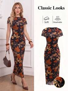 Ellevyn Women's Fashionable Printed Short Sleeve Dress, Spring/Summer Dinner Black Mature Elegant Basic - Multicolor - View 1