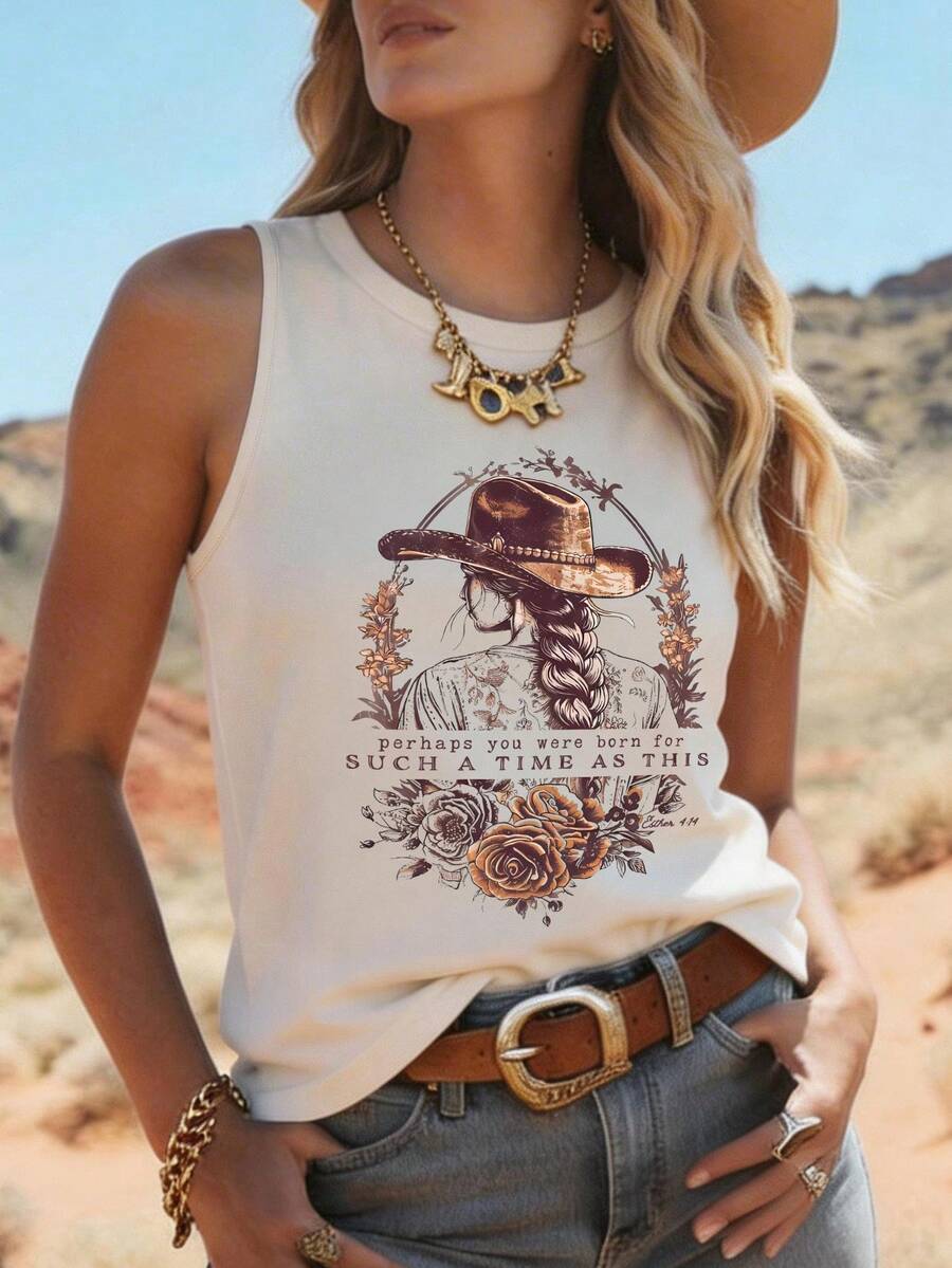 DrmWander Plus Size Vacation Casual Western Style Character Print Tank Top - White - View 1