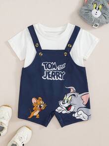 TOM & JERRY X SHEIN 男嬰卡通印花吊帶連身衣 - 藍色 - 查看 1
