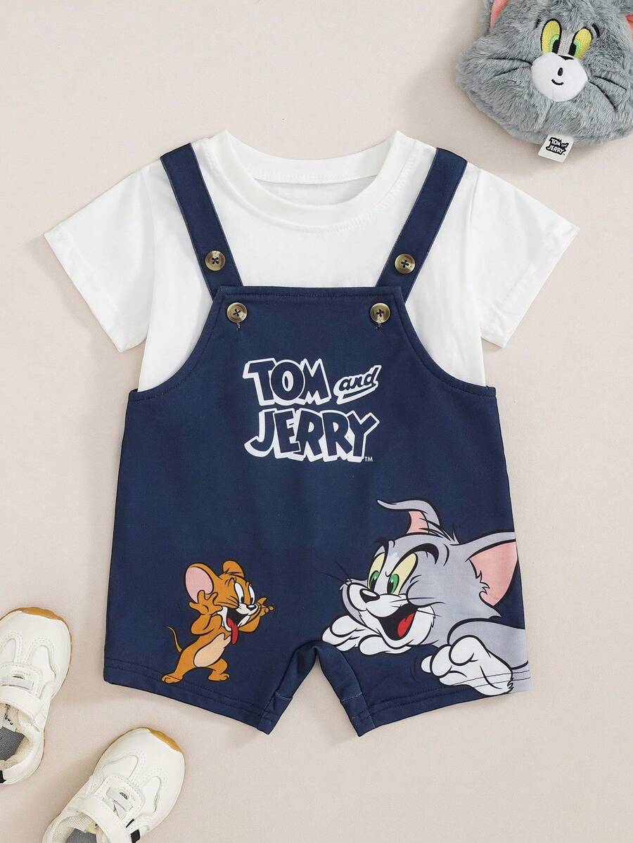 TOM & JERRY X SHEIN 男嬰卡通印花吊帶連身衣 - 藍色 - 查看 1
