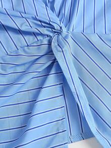 Sweetra Women's Wide Narrow Striped Woven Flared Sleeve Long Sleeve V-Neck Shirt Twisted Waist Turn-Down Collar Teachers' Day Work Navy Blue Autumn Casual - Blue - View 5