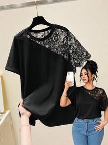 EMERY ROSE Camiseta casual de mujer de talla grande con parches de encaje, para uso diario y ocio - Negro - Ver 1