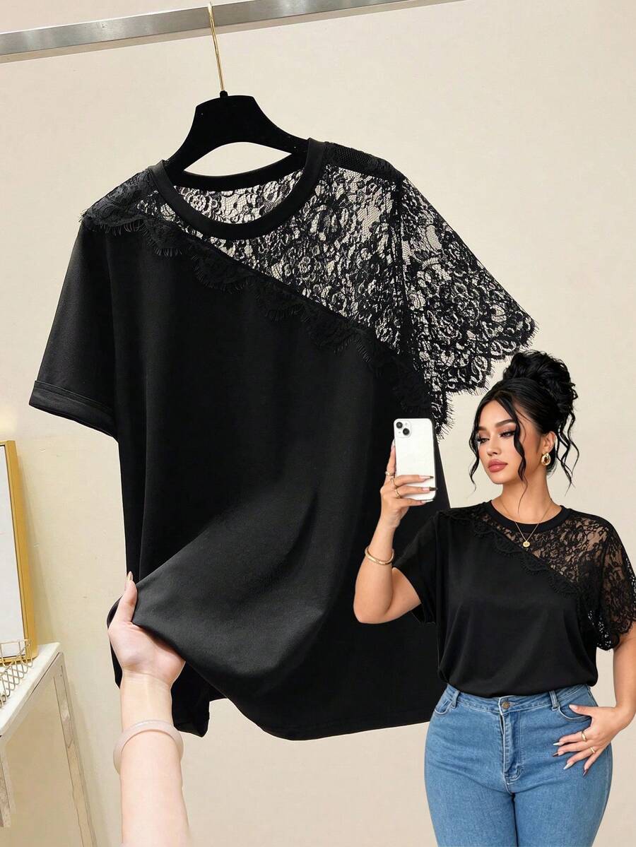 EMERY ROSE Camiseta casual de mujer de talla grande con parches de encaje, para uso diario y ocio - Negro - Ver 1