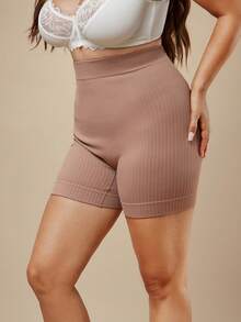 SHEIN BAE CURVE 1 件加大码无缝高腰竖条纹塑身提拉裤 - 摩卡棕 - 查看 4