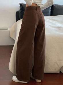 DAZY 女款中腰開衩設計微彎腿街頭休閒牛仔長褲 秋季 - 棕色 - 查看 3