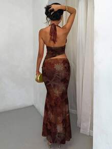 SHEIN PETITE 娇小款两件套女士夏季度假套装，吊带系带露脐上衣搭配不对称荷叶边半裙，珊瑚色、棕色、海洋元素印花、随机花卉印花，适合夏季、派对、海滩、外出、毕业典礼、优雅场合、度假、假日等。 - 棕色 - 查看 4