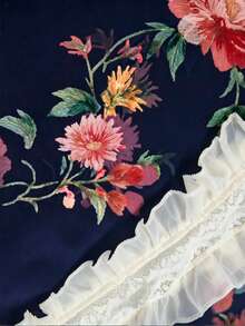 EMERY ROSE 女款花卉印花拼接荷葉邊長袖時尚襯衫，度假穿搭 - 藏蓝色 - 查看 5