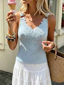 Selianne Women's Spring/Summer V-Neck Lace Patchwork Shoulder Strap Metal Decor Casual Elegant Romantic Beach Brunch Vacation Solid Color Tank Top Light Blue - Blue - View 1