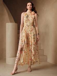 Arave Floral Polka Dot Print Halter Neck Cinched Waist Asymmetrical Hem French Casual Romantic Elegant Design Long Dress Wedding Party Garden Beige Summer - Apricot - View 5