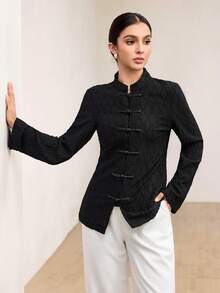 Graceveil Women's Elegant Casual Textured Fabric Frog Button Design Long Sleeve Blouse, Going Out Tops For Women, Autumn New Arrival - Black - View 7