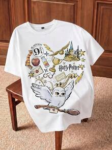 HARRY POTTER X SHEIN Plus Size Summer Casual Cartoon Letter Print T-Shirt - White - View 1