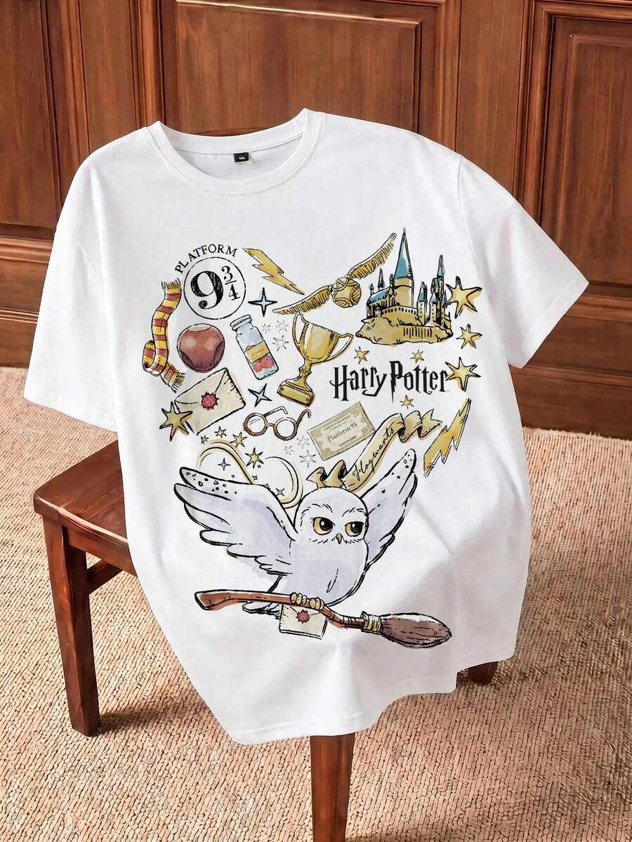 HARRY POTTER X SHEIN Plus Size Summer Casual Cartoon Letter Print T-Shirt - White - View 1