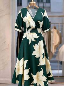 GlowEve CURVE Summer Elegant Floral Print Short Sleeve Dress - Dark Green - View 5