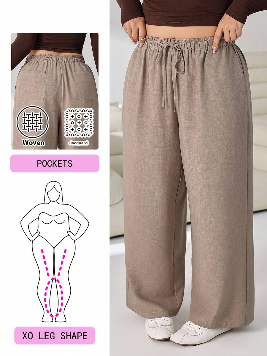 Solflare Plus Size Women's Solid Color Drawstring Waist Casual Versatile Wide Leg Pants For Daily Wear - Camel - View 1