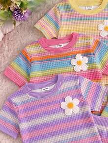 Baby Girls Simple Casual 3-Piece Set Short Sleeve Top Floral Pattern 3 Packs - Multicolor - View 3