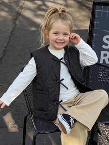 DAZY Young Girl Solid Color Bowknot Decor Zipper Casual Versatile Winter Cotton Padded Vest Fall - Black - View 6