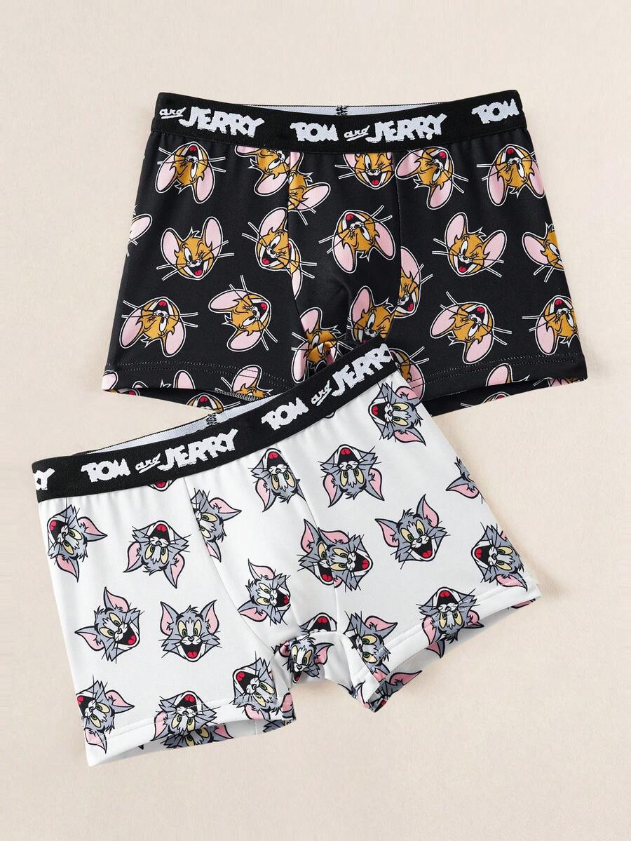 TOM & JERRY X SHEIN 2pcs/Set Celana Dalam Boxer Anak Laki-Laki Motif Kartun Seluruh Permukaan dengan Pita Huruf Kontras di Pinggang, Nyaman - Hitam dan Putih - View 1