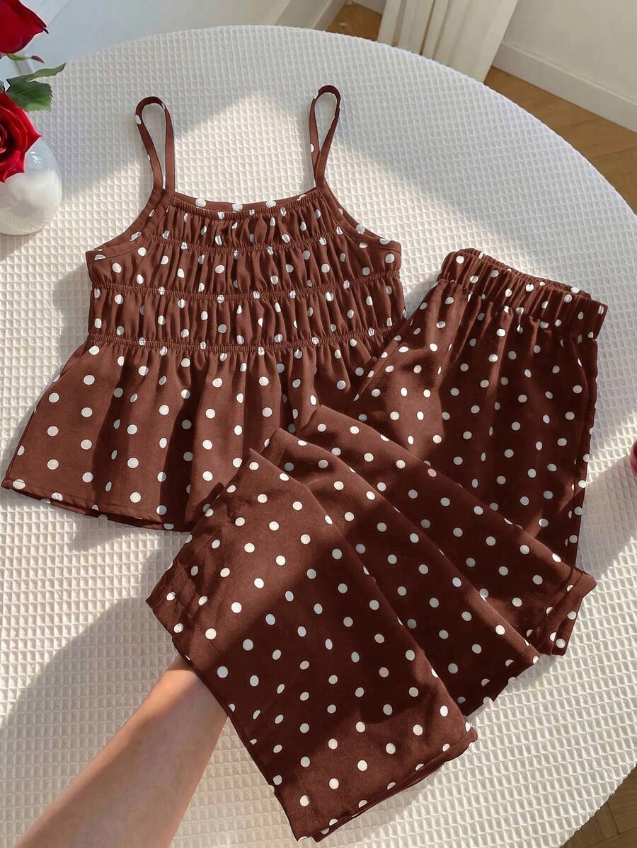 SHEIN 女童編織波點細肩帶上衣與長褲兩件套 - 鏽棕色 - 查看 1
